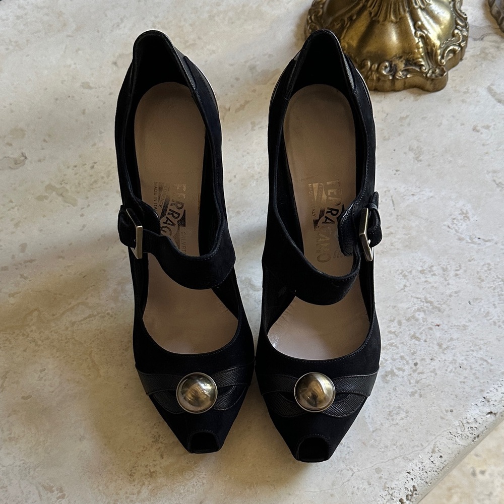 Salvatore Ferragamo Black Peep-Toe Heels with Buckle